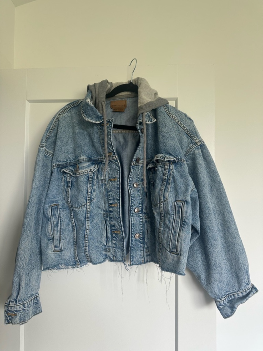 American Eagle Outfitters Light Blue Denim Jacket with Gray Hood